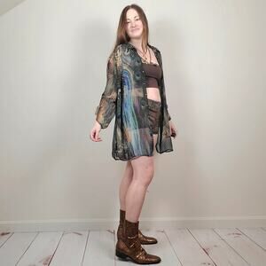 Dressbarn Peacock Button Up Shirt Blue Multi 2X